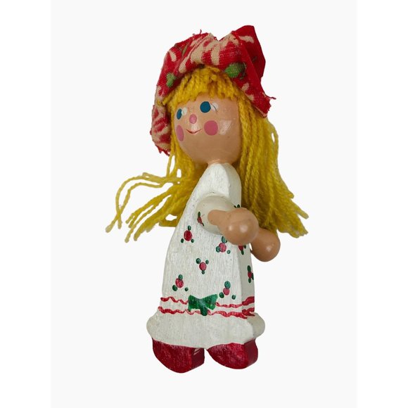 Vintage Wood Ornaments Set of 6 Fabric Yarn Painted Christmas Tree Holiday Decor - Picture 8 of 10